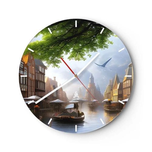 Ceas de perete - Ceas pe sticlă - Canal cu bărci și case istorice de locuit - 30x30cm - Peisaj urban olandez - Decorațiune modernă pentru perete pentru living, bucătărie și dormitor ARTTOR