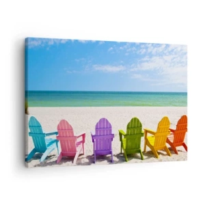 Tablou pe pânză Canvas - Șezlonguri colorate pe plajă cu vedere la mare - 70x50cm - Plaja curcubeu - Decorațiune modernă pentru perete pentru living și dormitor ARTTOR