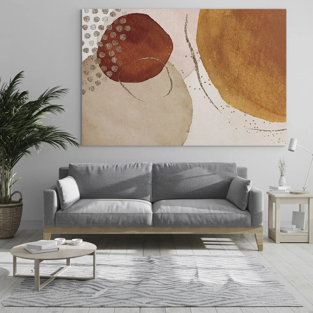 Tablou pe sticlă - Cercuri abstracte în nuanțe de bej, cupru și auriu - 70x50cm - Rotunjime și mișcare - Decorațiune modernă pentru perete pentru living și dormitor ARTTOR