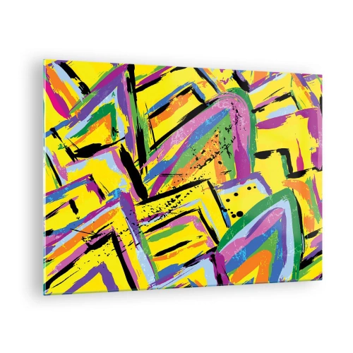 Tablou pe sticlă - Abstracție intensă în culori strălucitoare pe un fundal galben - 70x50cm - Strigă de bucurie - Decorațiune modernă pentru perete pentru living și dormitor ARTTOR