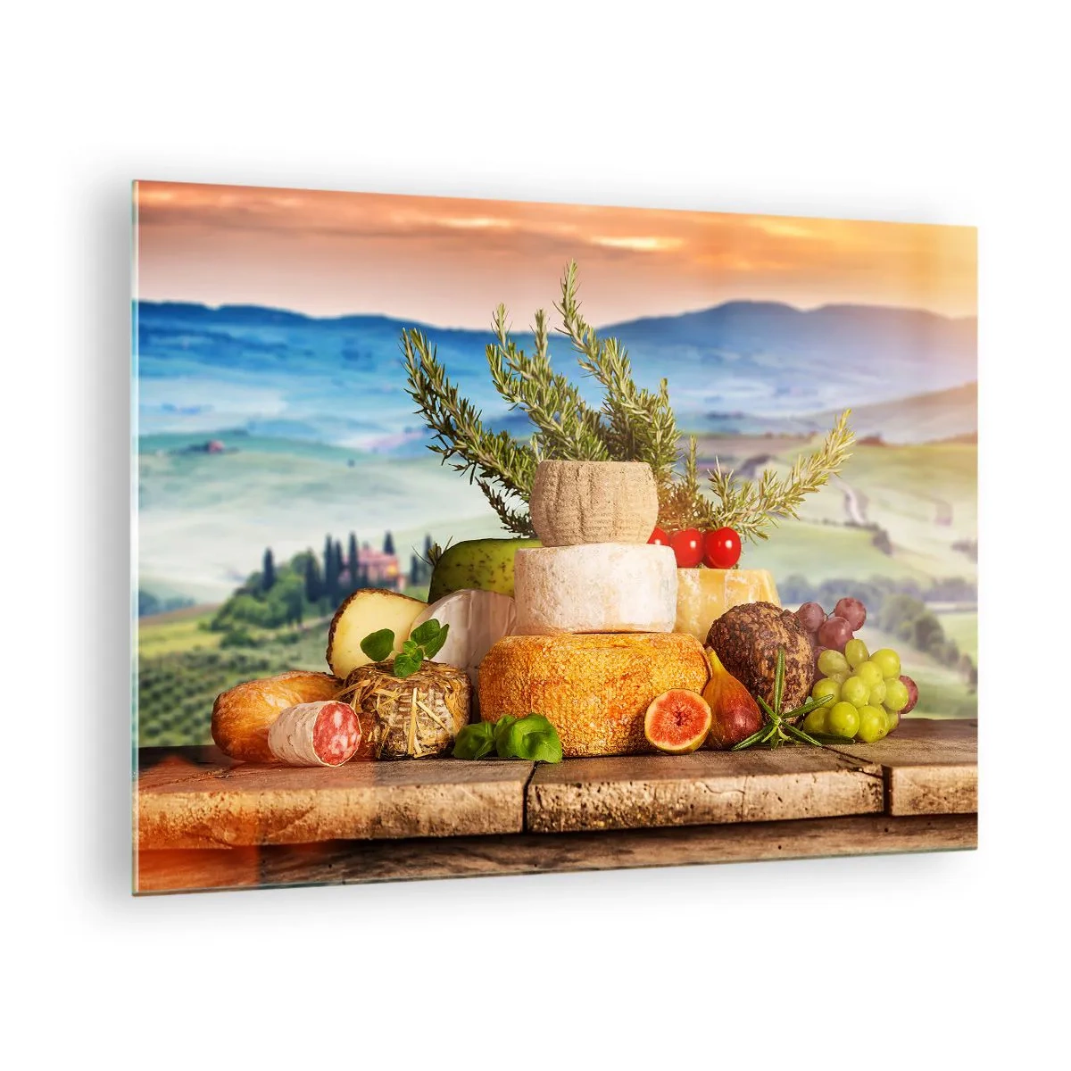 Tablou pe sticlă - O compoziție de brânzeturi și fructe pe fundalul peisajului toscan - 70x50cm - Bucurie de viață în stil italian - Decorațiune modernă pentru perete pentru living și dormitor ARTTOR