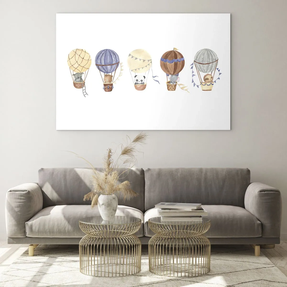 Tablou pe sticlă - Animale care zboară în baloane în stil acuarelă - 70x50cm - Prieteni de călătorie - Decorațiune modernă pentru perete pentru living și dormitor ARTTOR
