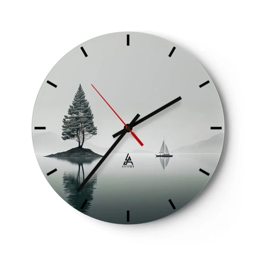 Ceas de perete - Ceas pe sticlă - Un peisaj minimalist cu o insulă, un copac și o barcă cu pânze pe apă. - 30x30cm - Visând cu ochii deschiși - Decorațiune modernă pentru perete pentru living, bucătărie și dormitor ARTTOR