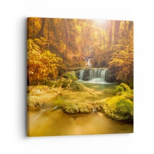 Tablou pe pânză - Cascadă de pădure în aur - 30x30 cm