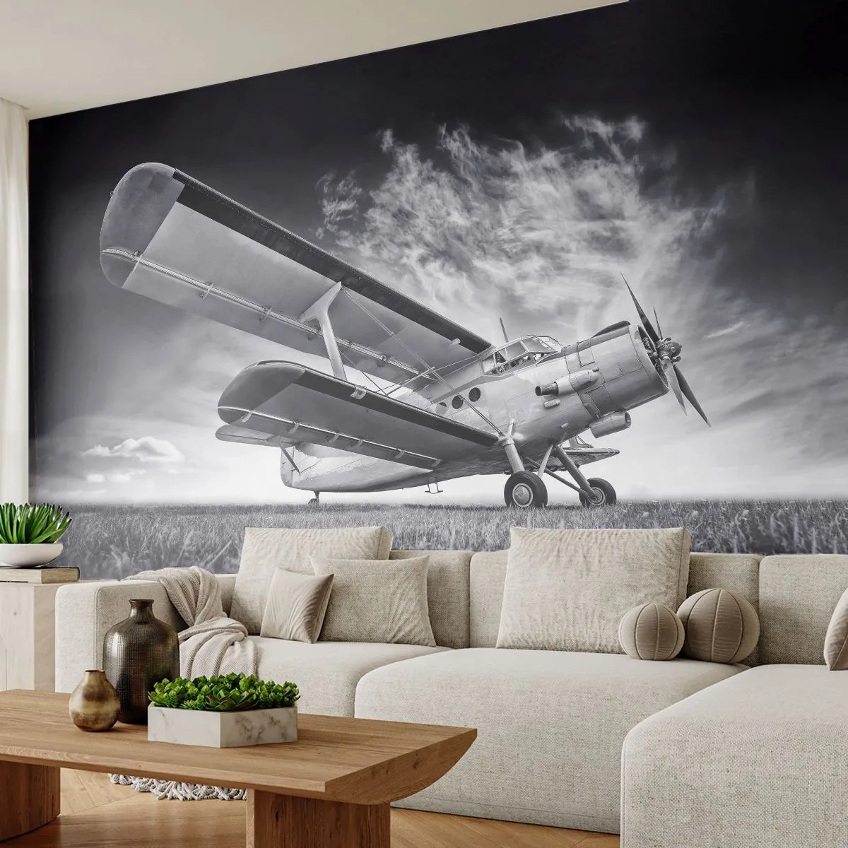 Tapet Premium Sand - Rătăcitorul înaripat - Avion, Avioane, alb-negru - 100x70 cm