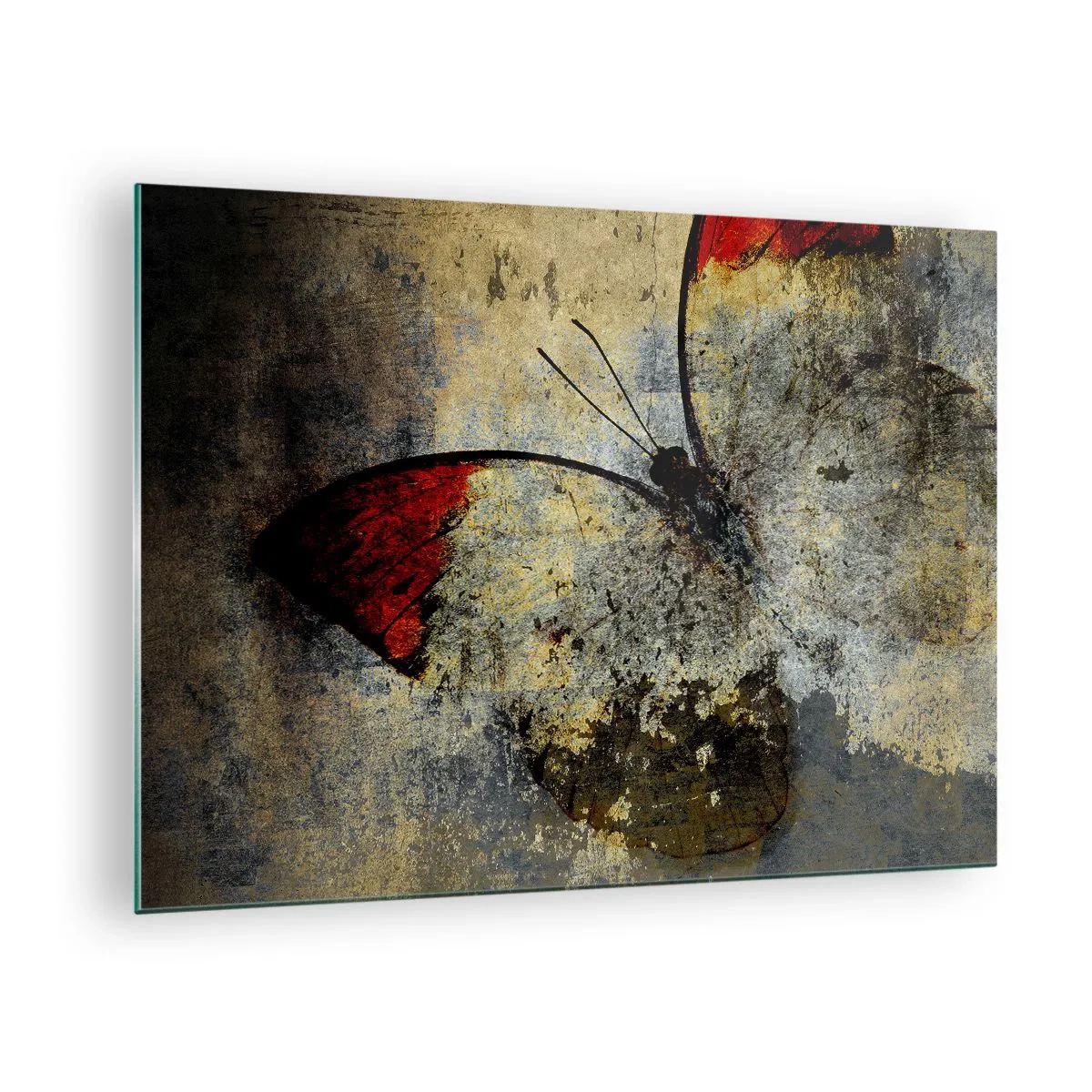 Tablou pe sticlă - Fluture abstract pe un fundal învechit - 70x50cm - Privește înainte să dispar - Decorațiune modernă pentru perete pentru living și dormitor ARTTOR
