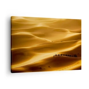 Tablou pe pânză Canvas - O caravană de cămile rătăcind prin dunele aurii ale deșertului. - 70x50cm - Caravana pe valurile deșertului - Decorațiune modernă pentru perete pentru living și dormitor ARTTOR
