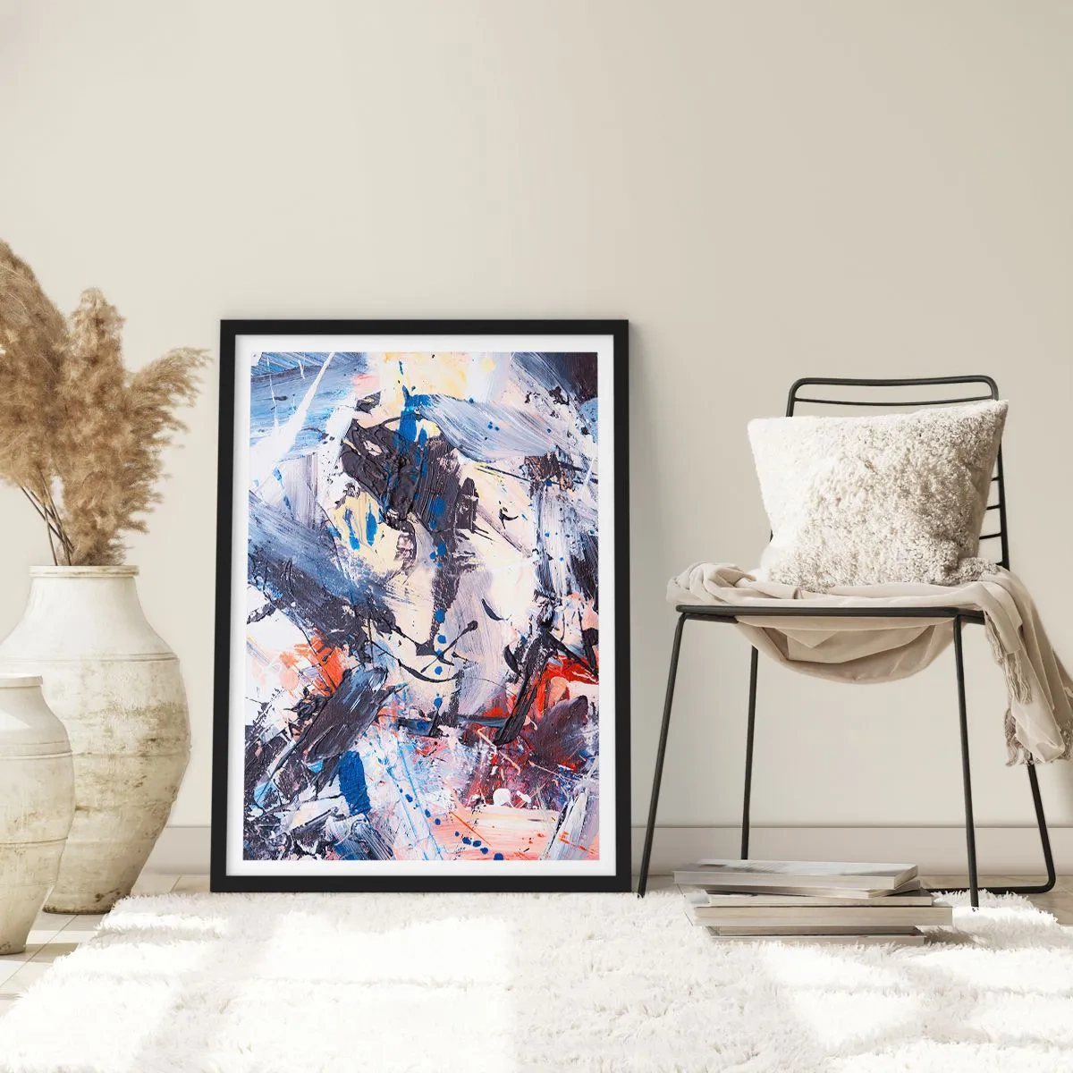 Poster în ramă neagră - Compoziție abstractă în nuanțe de albastru și portocaliu - 50x70cm - Dansul nebun al abstracției - Decorațiune modernă pentru perete pentru living și dormitor ARTTOR