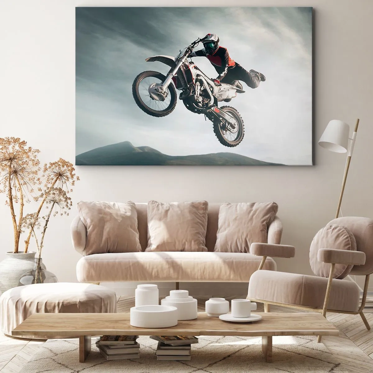 Tablou pe pânză Canvas - Motociclist în aer în timpul unei sărituri - 70x50cm - Nu există distracție fără risc - Decorațiune modernă pentru perete pentru living și dormitor ARTTOR