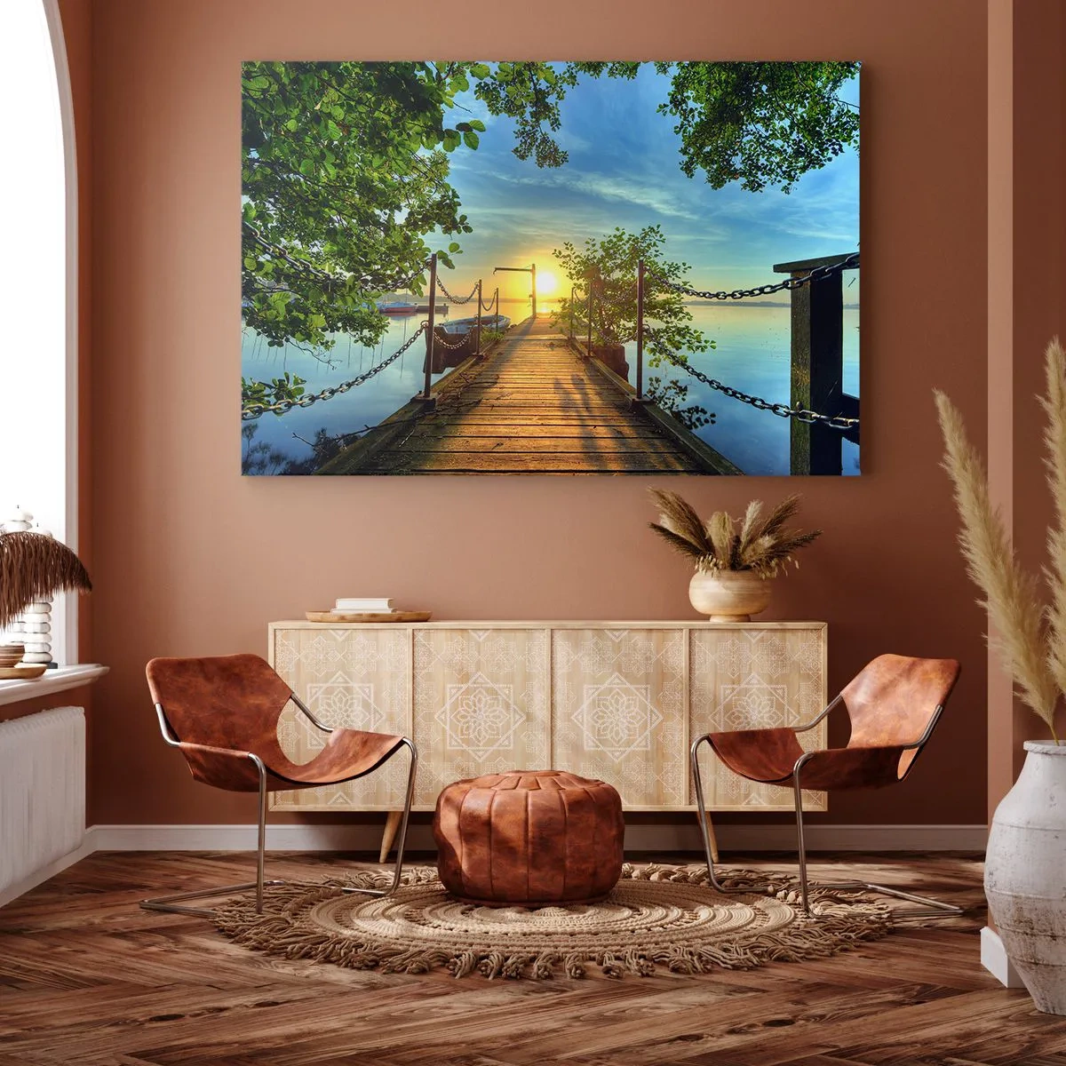 Tablou pe pânză Canvas - Un dig peste lac în razele apusului - 70x50cm - Apusul la malul apei - Decorațiune modernă pentru perete pentru living și dormitor ARTTOR