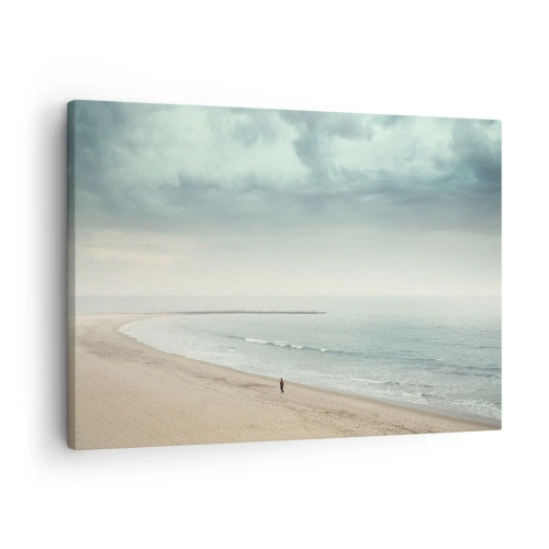 Tablou pe pânză Canvas - O figură singuratică pe o plajă pustie, lângă o mare calmă - 70x50cm - Căutând liniștea - Decorațiune modernă pentru perete pentru living și dormitor ARTTOR