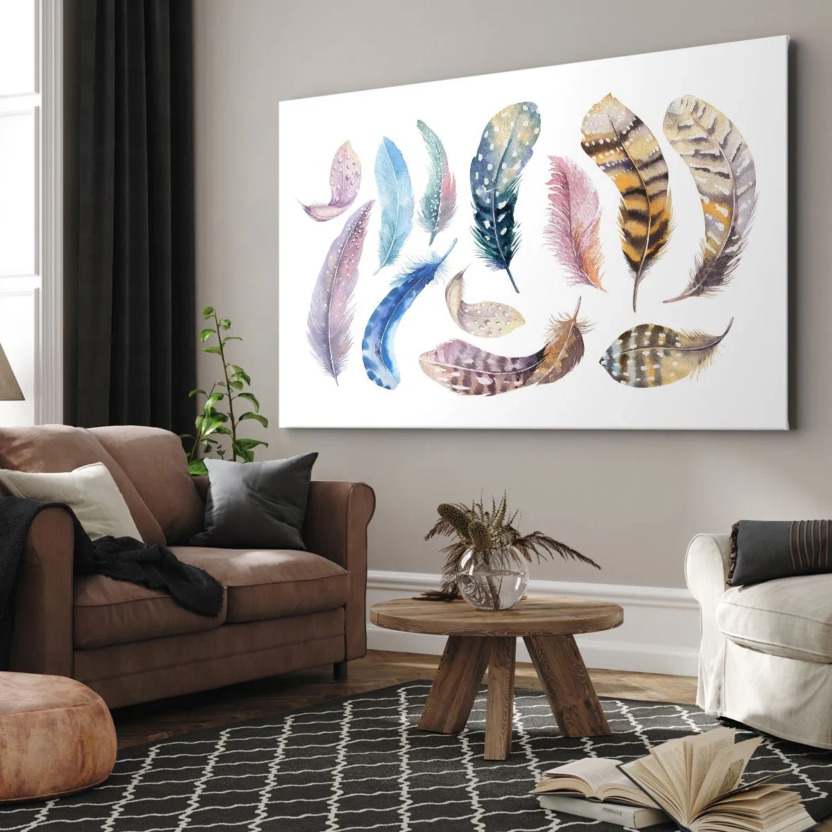 Tablou pe pânză Canvas - Pene colorate într-un stil delicat de acuarelă - 70x50cm - Ușoare și colorate - Decorațiune modernă pentru perete pentru living și dormitor ARTTOR