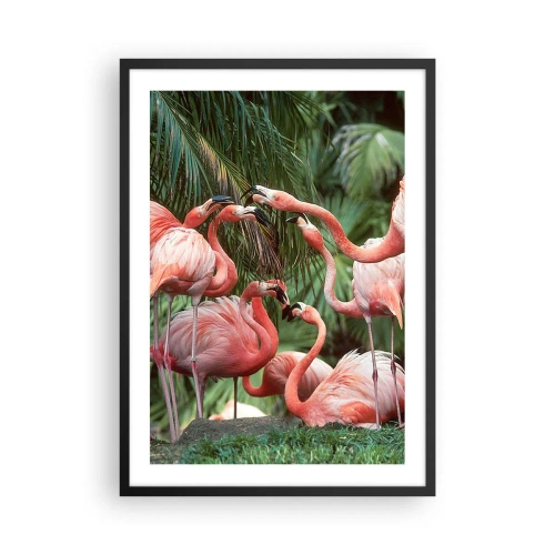 Poster în ramă neagră - Flamingi roz într-un cadru exotic de palmieri - 50x70cm - Bârfa de după-amiază - Decorațiune modernă pentru perete pentru living și dormitor ARTTOR