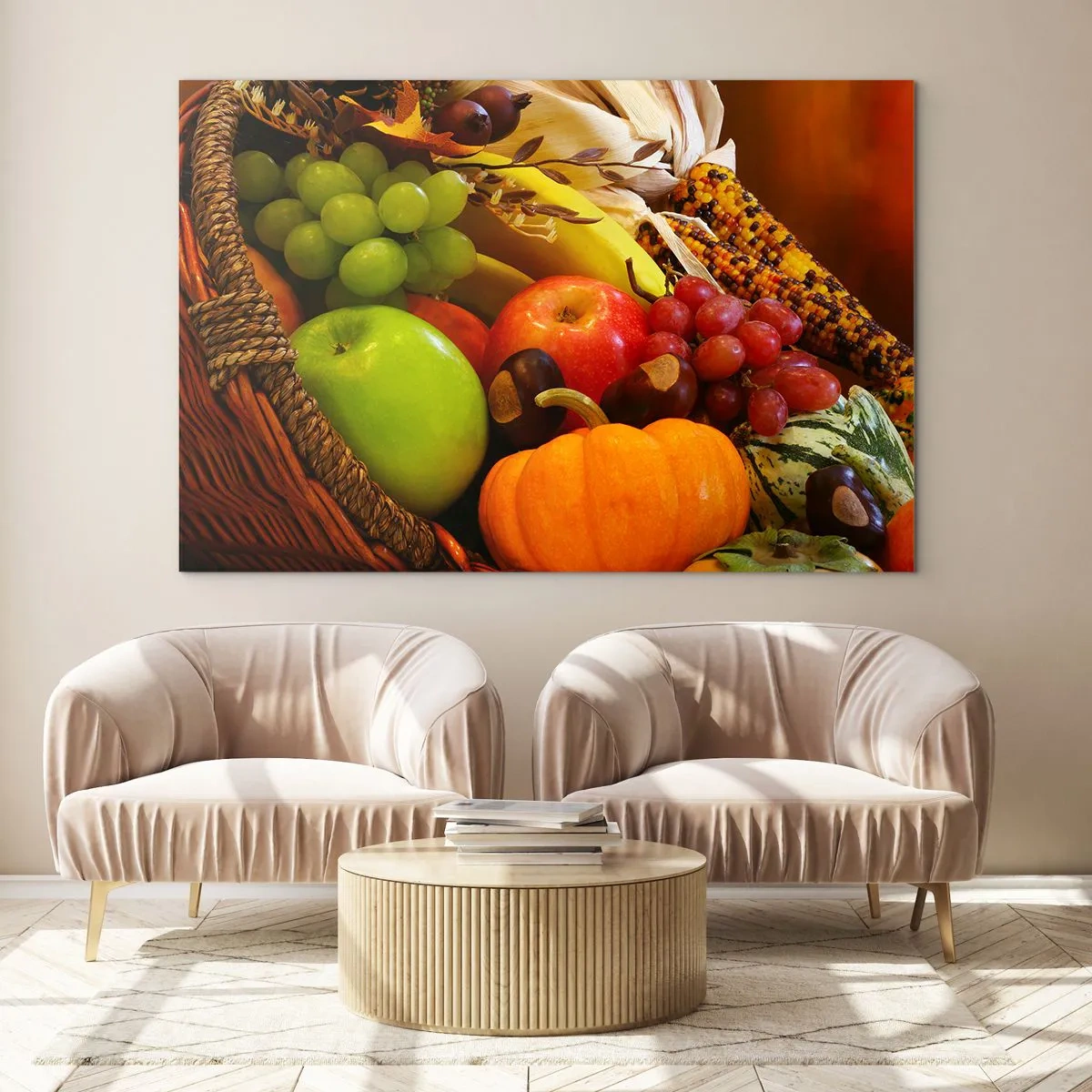 Tablou pe sticlă - Un coș plin cu fructe și legume într-un aranjament de toamnă - 70x50cm - Coșul de recoltă - Decorațiune modernă pentru perete pentru living și dormitor ARTTOR