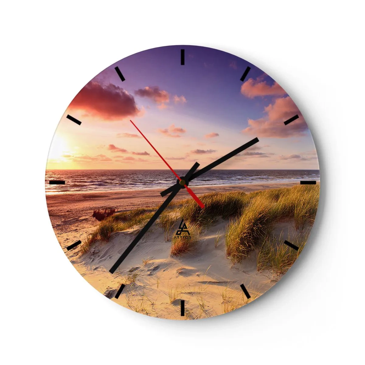 Ceas de perete - Ceas pe sticlă - O plajă cu dune și un apus de soare auriu peste o mare calmă - 30x30cm - Deja aerul de vară miroase - Decorațiune modernă pentru perete pentru living, bucătărie și dormitor ARTTOR