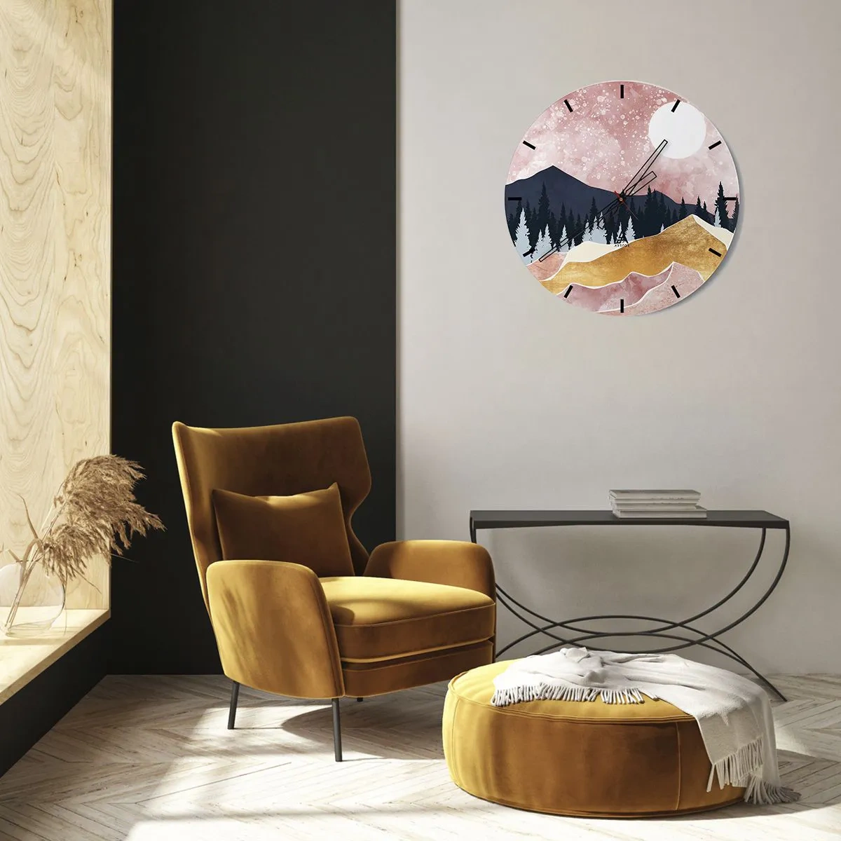 Ceas de perete - Ceas pe sticlă - Peisaj montan artistic în culori pastelate, cu o pădure și lună. - 30x30cm - Garda de noapte - Decorațiune modernă pentru perete pentru living, bucătărie și dormitor ARTTOR