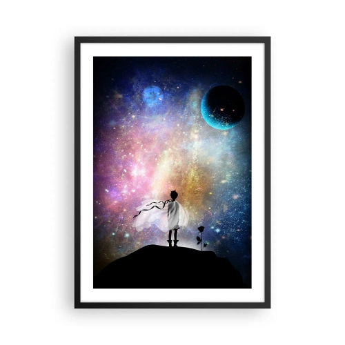 Poster în ramă neagră - O scenă spațială fantastică cu silueta unui personaj și a unui trandafir - 50x70cm - Micul Prinț - Decorațiune modernă pentru perete pentru living și dormitor ARTTOR
