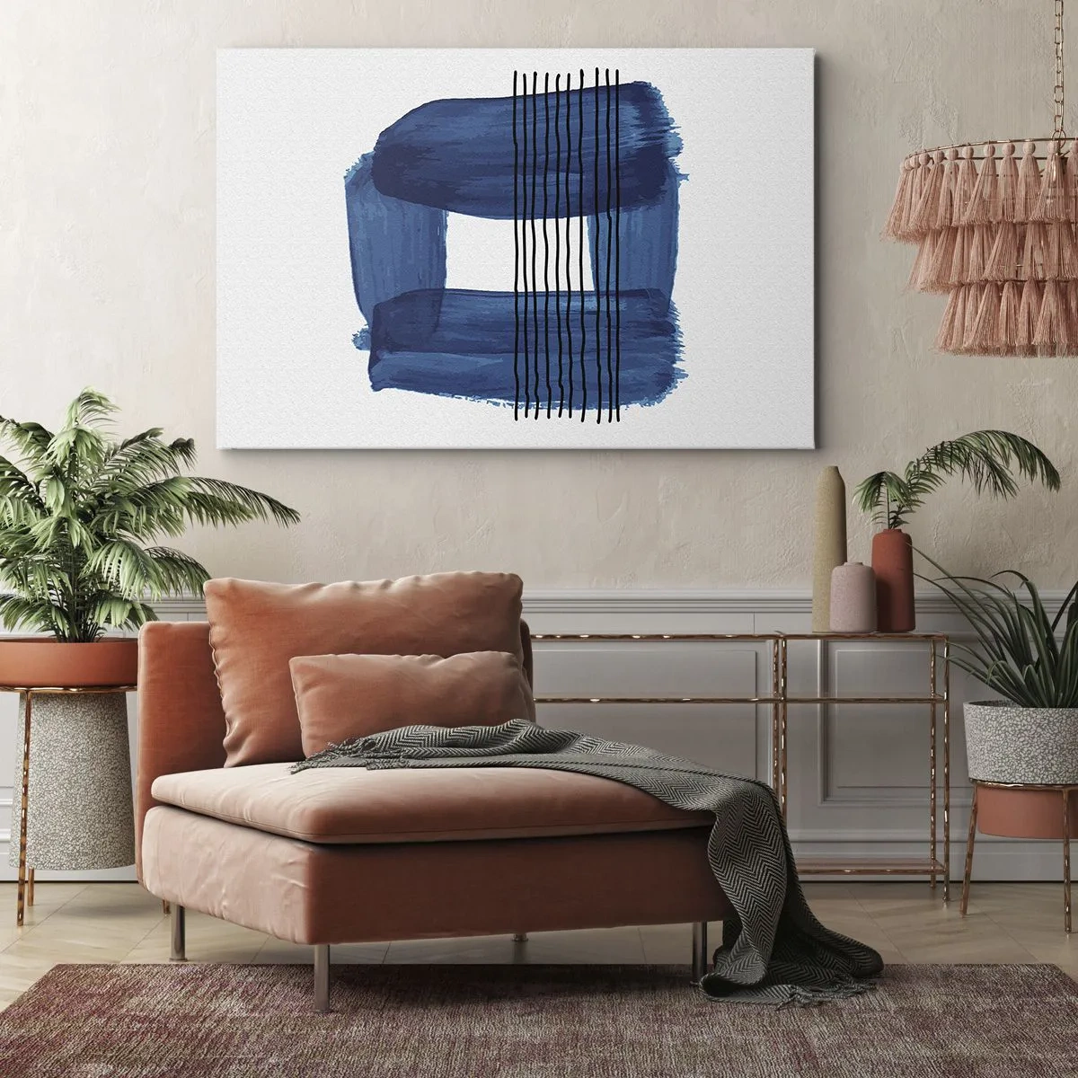 Tablou pe pânză Canvas - Model abstract în nuanțe de albastru cu linii negre - 70x50cm - Compoziție albastru-negru - Decorațiune modernă pentru perete pentru living și dormitor ARTTOR