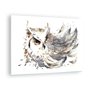 Tablou pe sticlă - O bufniță cu pene artistice în nuanțe de portocaliu și gri. - 70x50cm - Ea a venit din lumea magiei - Decorațiune modernă pentru perete pentru living și dormitor ARTTOR