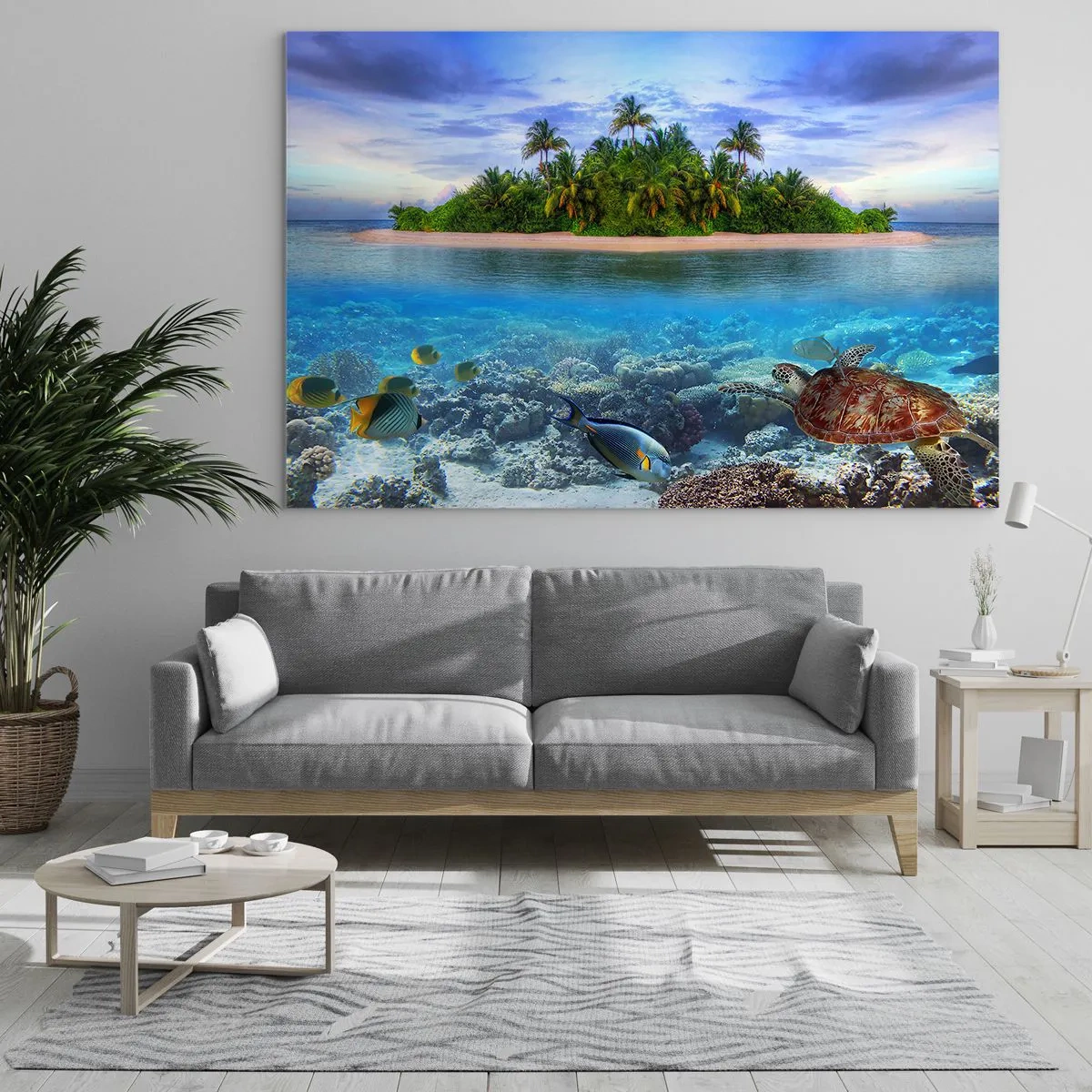 Tablou pe sticlă - O insulă tropicală cu recif de corali și viață marină - 70x50cm - Insula paradisiacă vă invită - Decorațiune modernă pentru perete pentru living și dormitor ARTTOR