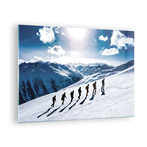 Tablou pe sticlă - Alpinism în grup pe o pantă acoperită de zăpadă în munți - 70x50cm - Echipa câștigătoare - Decorațiune modernă pentru perete pentru living și dormitor ARTTOR