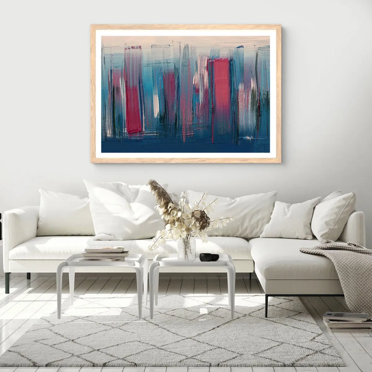 Poster în ramă de stejar deschis - Compoziție verticală în albastru și roșu - 100x70 cm