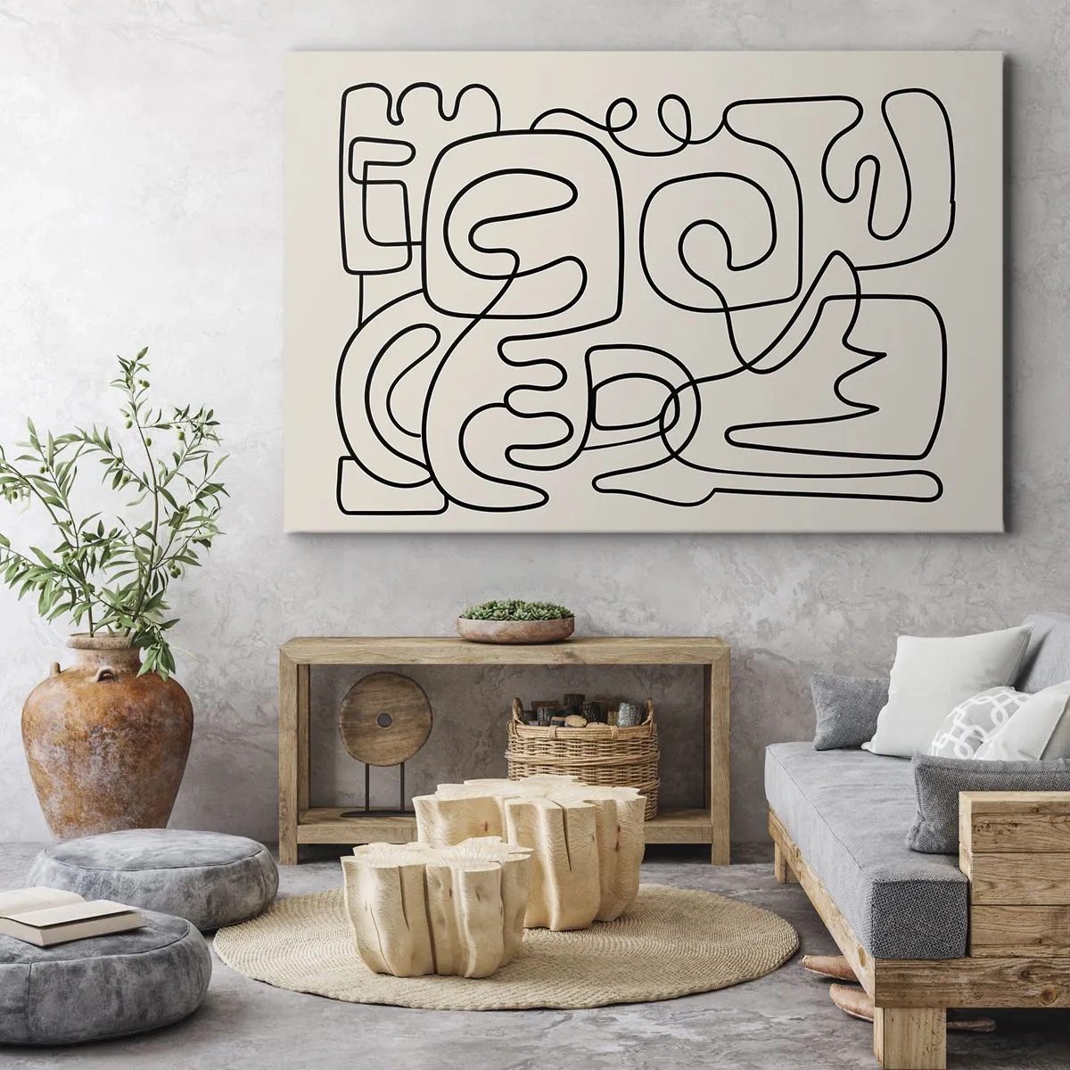 Tablou pe pânză Canvas - Model abstract de artă liniară în negru pe un fundal deschis - 70x50cm - Pe traseu - Decorațiune modernă pentru perete pentru living și dormitor ARTTOR