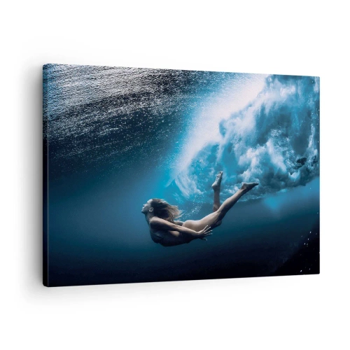 Tablou pe pânză Canvas - Fotografie subacvatică cu o femeie și bule de aer - 70x50cm - Sirena modernă - Decorațiune modernă pentru perete pentru living și dormitor ARTTOR