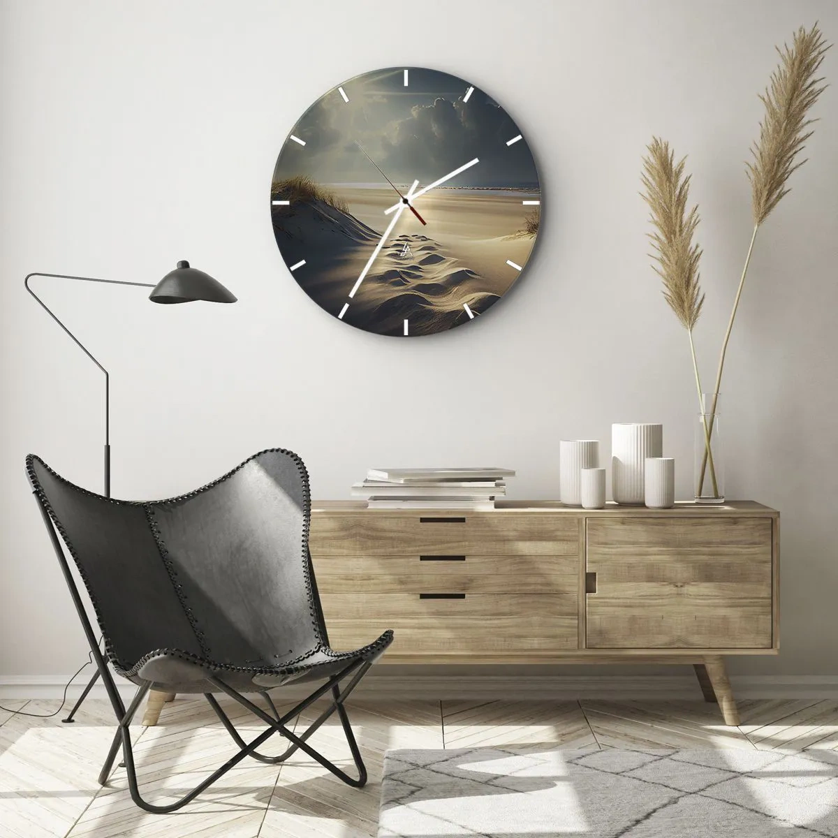 Ceas de perete - Ceas pe sticlă - Dune de nisip iluminate de razele soarelui, cu vedere la orizont - 30x30cm - Peisaj liniștitor - Decorațiune modernă pentru perete pentru living, bucătărie și dormitor ARTTOR