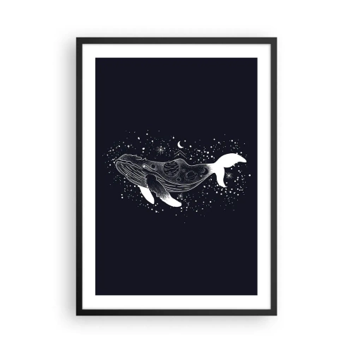 Poster în ramă neagră - O balenă spațială într-un stil grafic pe un fundal negru - 50x70cm - În oceanul universului - Decorațiune modernă pentru perete pentru living și dormitor ARTTOR