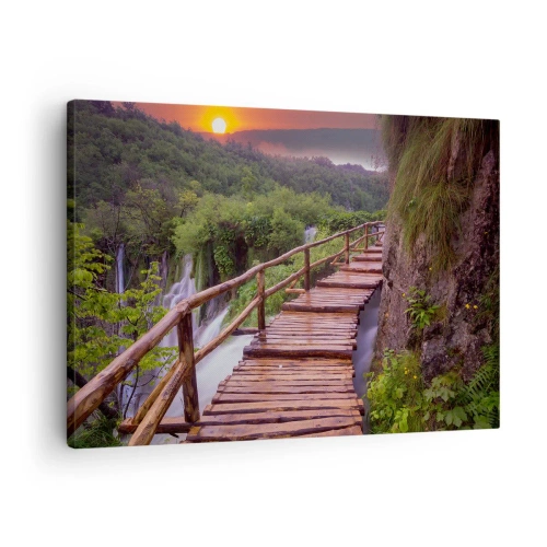 Tablou pe pânză Canvas - Un pod cu vedere la cascade la apus - 70x50cm - Frumusețe de necrezut - Decorațiune modernă pentru perete pentru living și dormitor ARTTOR