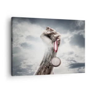 Tablou pe pânză Canvas - mână ridicată cu o medalie pe un cer înnorat - 70x50cm - Per aspera ad astra - Decorațiune modernă pentru perete pentru living și dormitor ARTTOR
