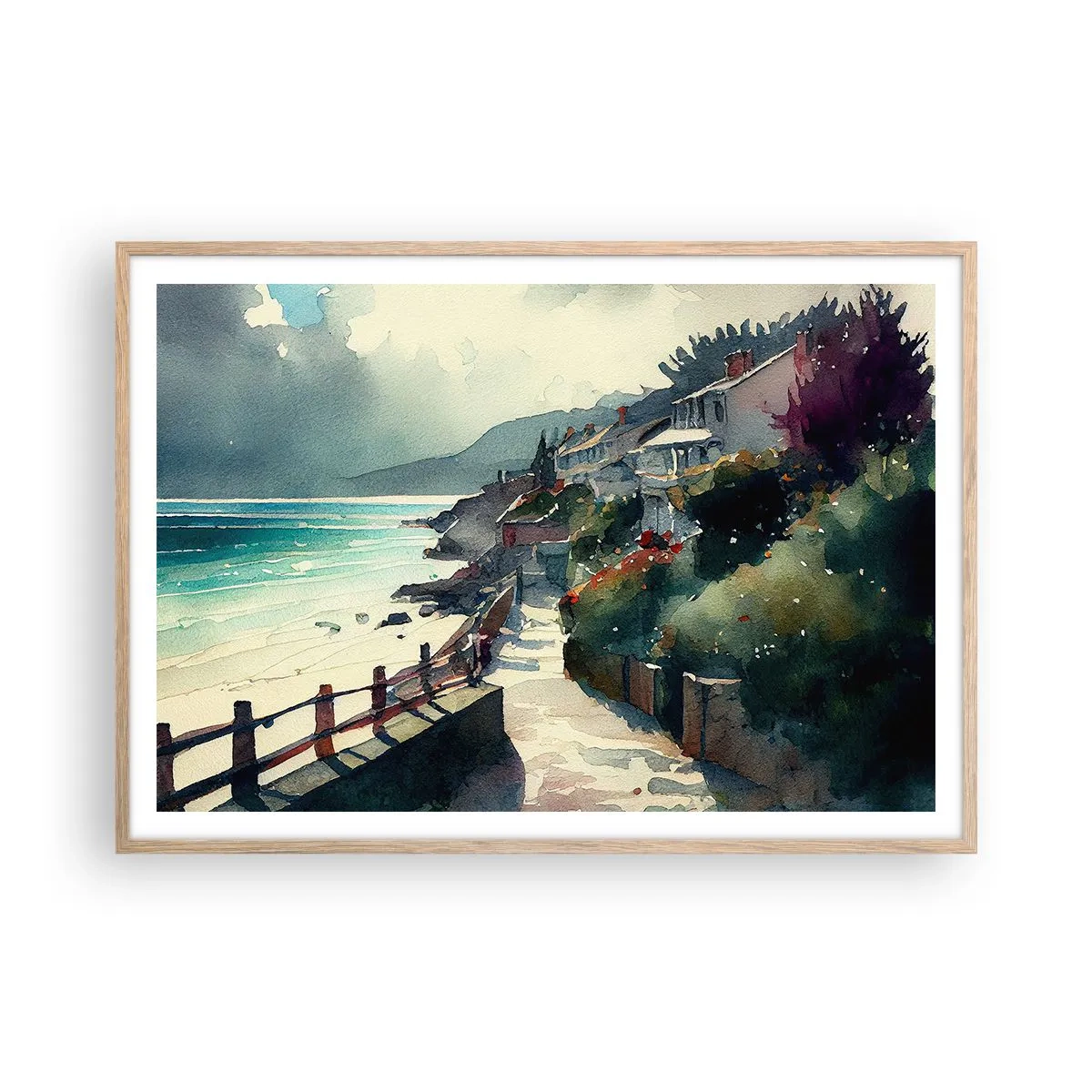 Poster în ramă de stejar deschis - Orășel mediteraneean - 100x70 cm