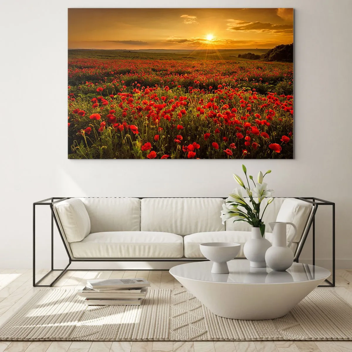 Tablou pe sticlă - Un câmp de maci iluminat de razele soarelui care apune - 70x50cm - Printre valuri de pajiști care zumzăie, printre potop de flori - Decorațiune modernă pentru perete pentru living și dormitor ARTTOR