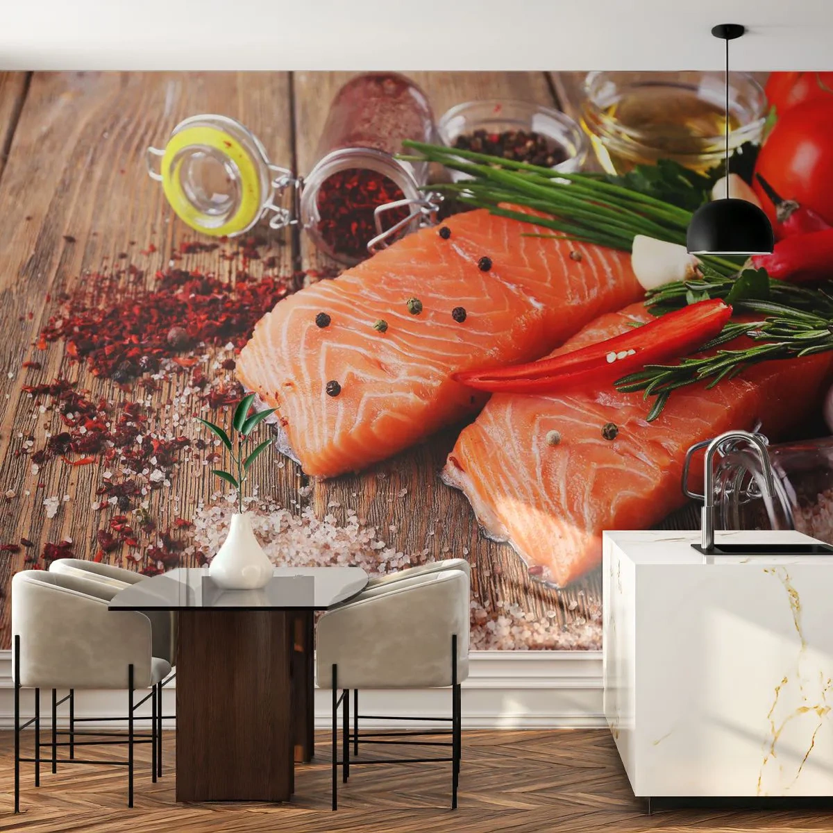 Tapet Standard Eco - O aventură norvegiană în bucătărie - Gastronomie, Somon, Condimente - 200x140 cm
