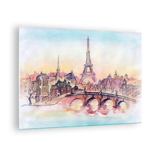 Tablou pe sticlă - O panoramă a Parisului cu Turnul Eiffel într-un stil delicat de acuarelă - 70x50cm - Singurul oraș de acest fel din lume - Decorațiune modernă pentru perete pentru living și dormitor ARTTOR