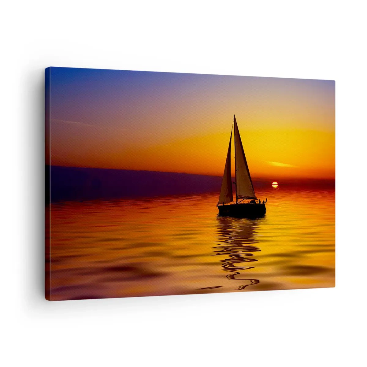 Tablou pe pânză Canvas - O barcă cu pânze pe o mare calmă la apus - 70x50cm - Ce liniște e aici la amurg... - Decorațiune modernă pentru perete pentru living și dormitor ARTTOR