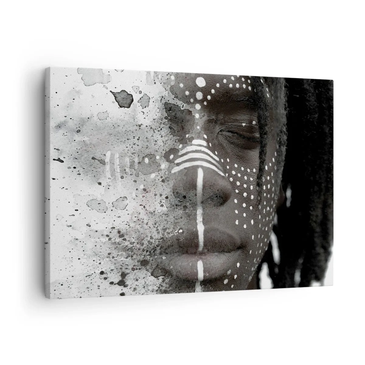 Tablou pe pânză Canvas - Portret artistic al feței cu modele abstracte albe - 70x50cm - Descoperă spiritul original - Decorațiune modernă pentru perete pentru living și dormitor ARTTOR