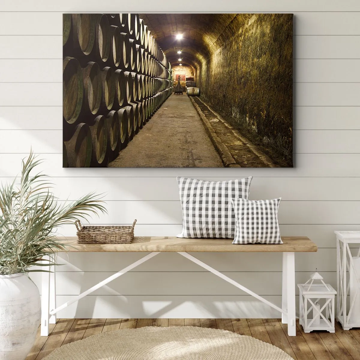 Tablou pe pânză Canvas - O pivniță cu butoaie de vin din lemn aranjate în rânduri - 70x50cm - Este bine să te întinzi - Decorațiune modernă pentru perete pentru living și dormitor ARTTOR