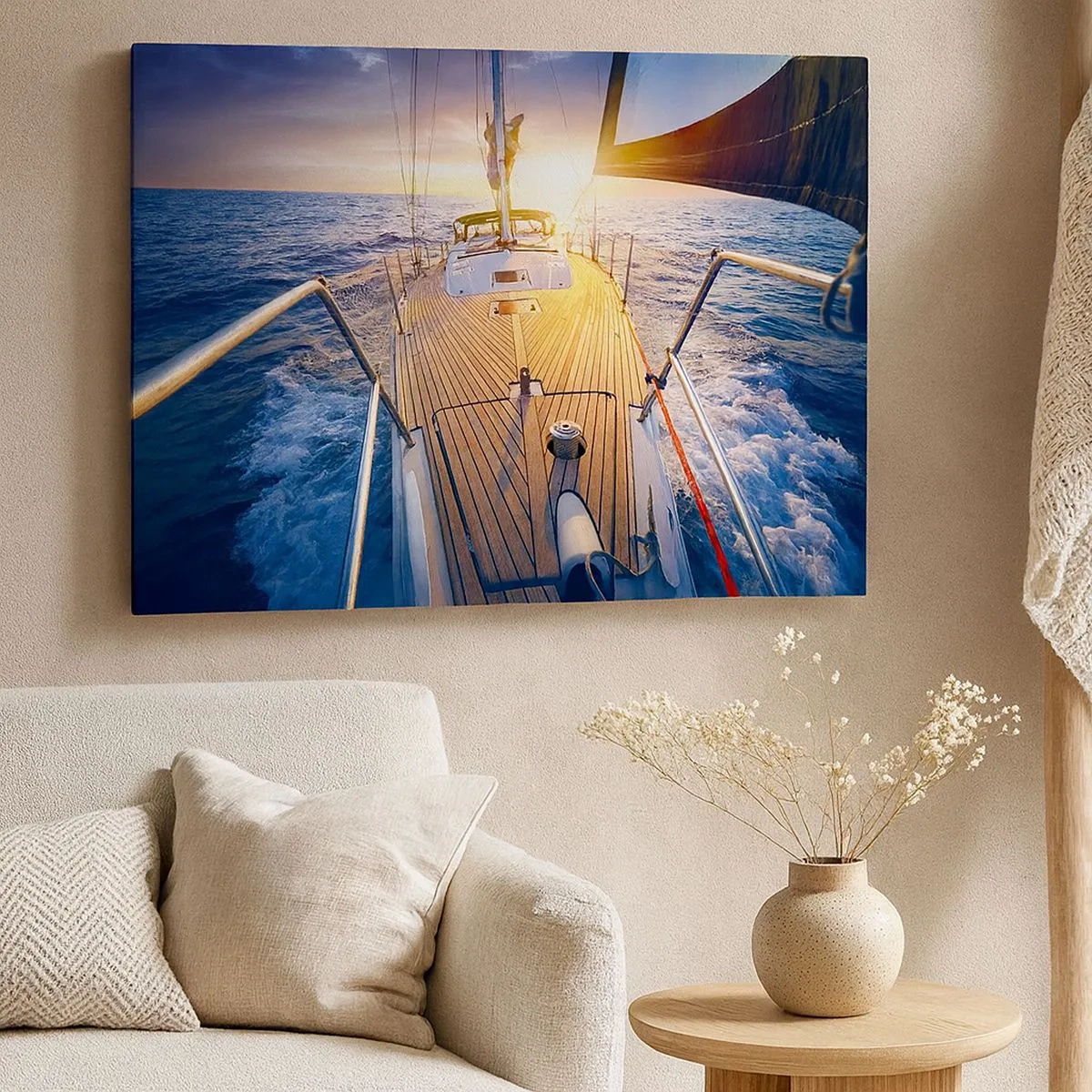 Tablou pe pânză Canvas - Iaht pe mare în timpul apusului - 70x50cm - Alergând pe valuri - Decorațiune modernă pentru perete pentru living și dormitor ARTTOR