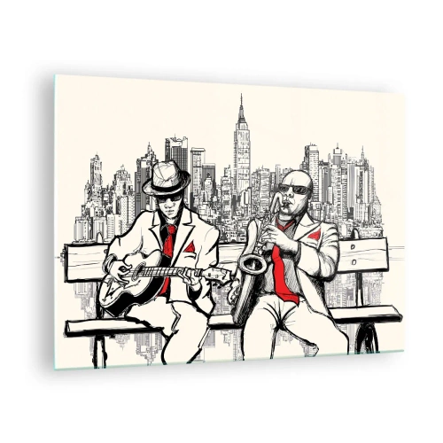 Tablou pe sticlă - Doi muzicieni de jazz cântând pe fundalul orizontului orașului - 70x50cm - Improvizație la New York - Decorațiune modernă pentru perete pentru living și dormitor ARTTOR