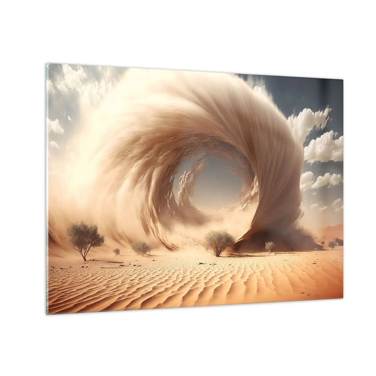 Tablou pe sticlă - Un vârtej de nisip din deșert creează un portal din cer și dune. - 70x50cm - Portal deschis - Decorațiune modernă pentru perete pentru living și dormitor ARTTOR