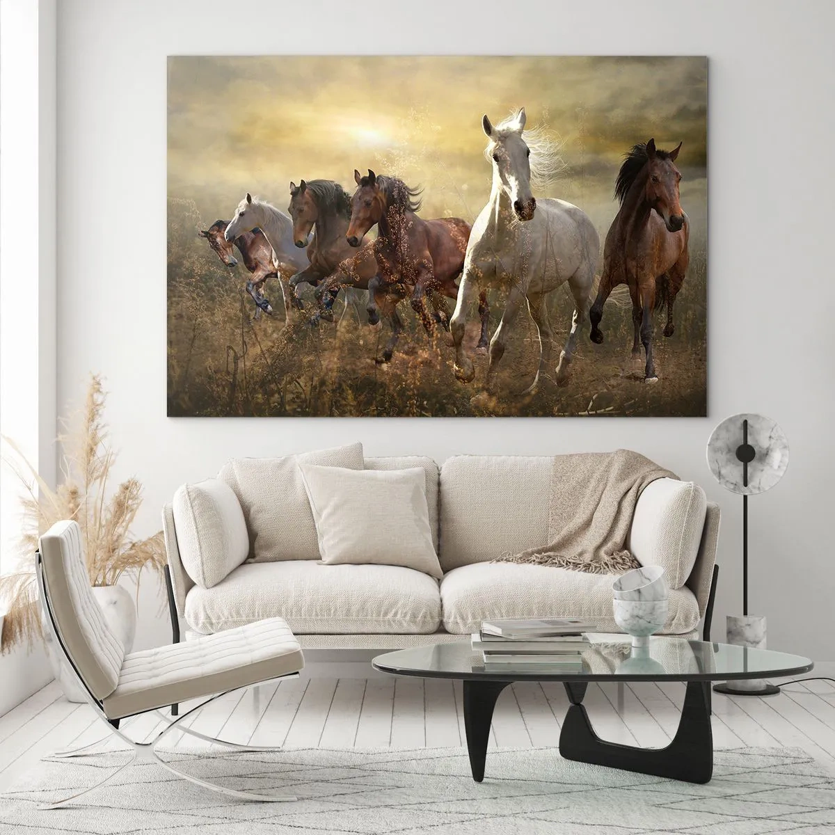 Tablou pe sticlă - O turmă de cai galopând în razele soarelui apus - 70x50cm - Trăiască libertatea! - Decorațiune modernă pentru perete pentru living și dormitor ARTTOR