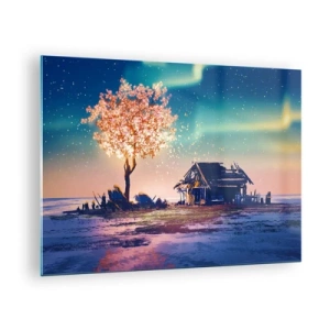 Tablou pe sticlă - Un peisaj magic cu un copac înflorit și o căsuță - 70x50cm - Natura nu trece - Decorațiune modernă pentru perete pentru living și dormitor ARTTOR