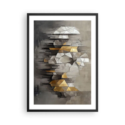Poster în ramă neagră - Abstracție geometrică în nuanțe de gri și auriu - 50x70cm - Compoziție de gheață și lumină - Decorațiune modernă pentru perete pentru living și dormitor ARTTOR