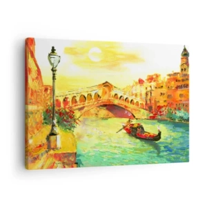 Tablou pe pânză Canvas - Un pod pitoresc peste canal cu o gondolă în lumina soarelui care apune - 70x50cm - Pelerinaj de îndrăgostiți - Decorațiune modernă pentru perete pentru living și dormitor ARTTOR
