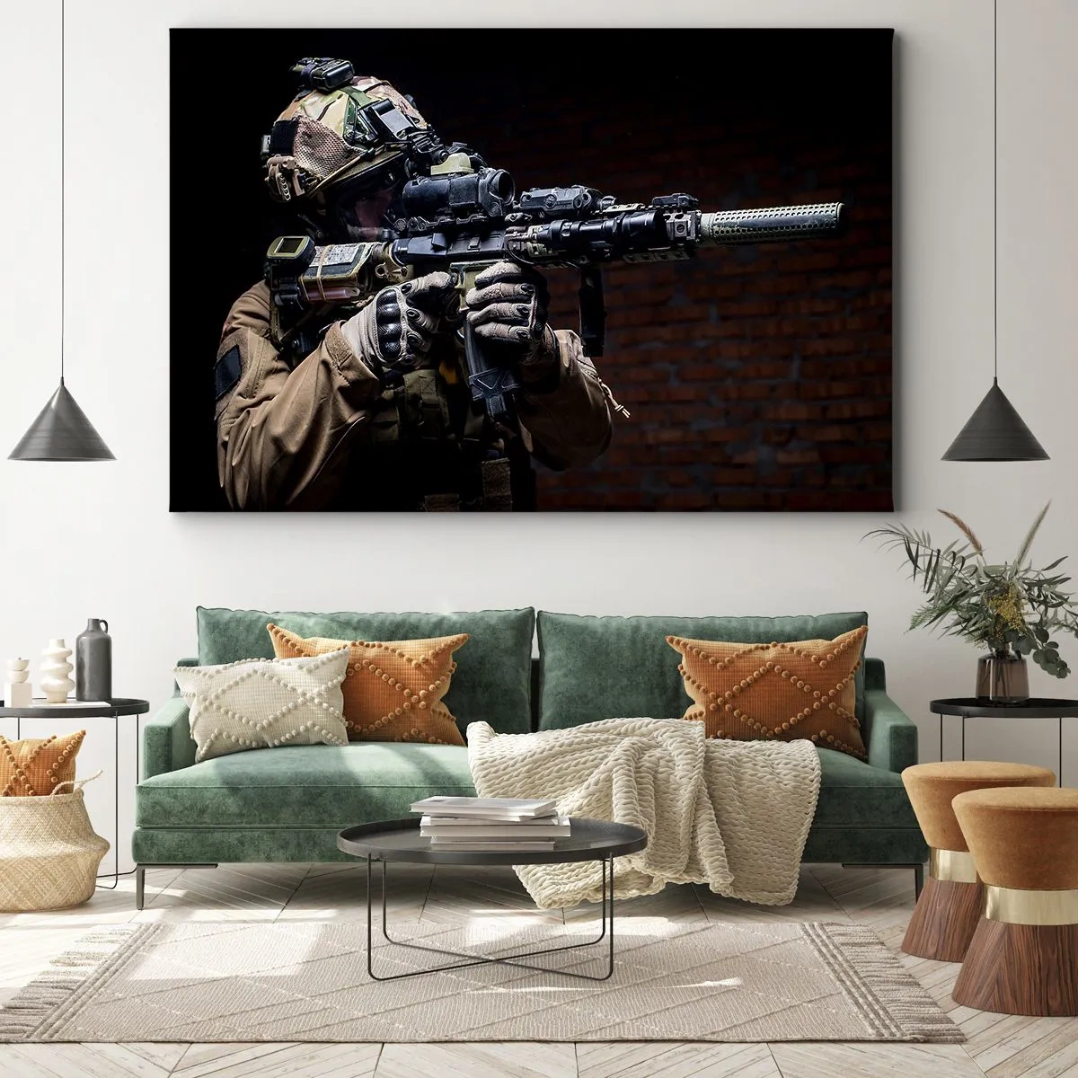 Tablou pe pânză Canvas - Un soldat în echipament complet cu o pușcă - 70x50cm - Eficient mortal - Decorațiune modernă pentru perete pentru living și dormitor ARTTOR