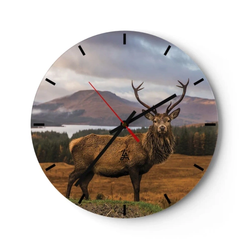Ceas de perete - Ceas pe sticlă - Cerb într-un peisaj montan cu copaci și un lac - 30x30cm - Măreția naturii - Decorațiune modernă pentru perete pentru living, bucătărie și dormitor ARTTOR
