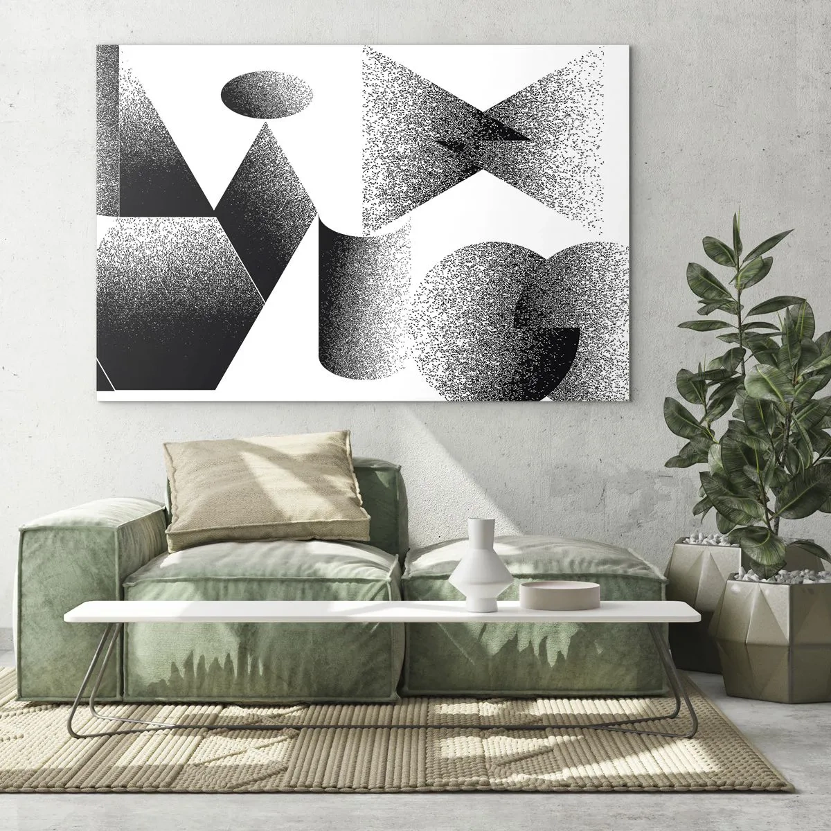 Tablou pe sticlă - Abstracție alb-negru cu forme geometrice - 70x50cm - Unghiuri și ovale - Decorațiune modernă pentru perete pentru living și dormitor ARTTOR