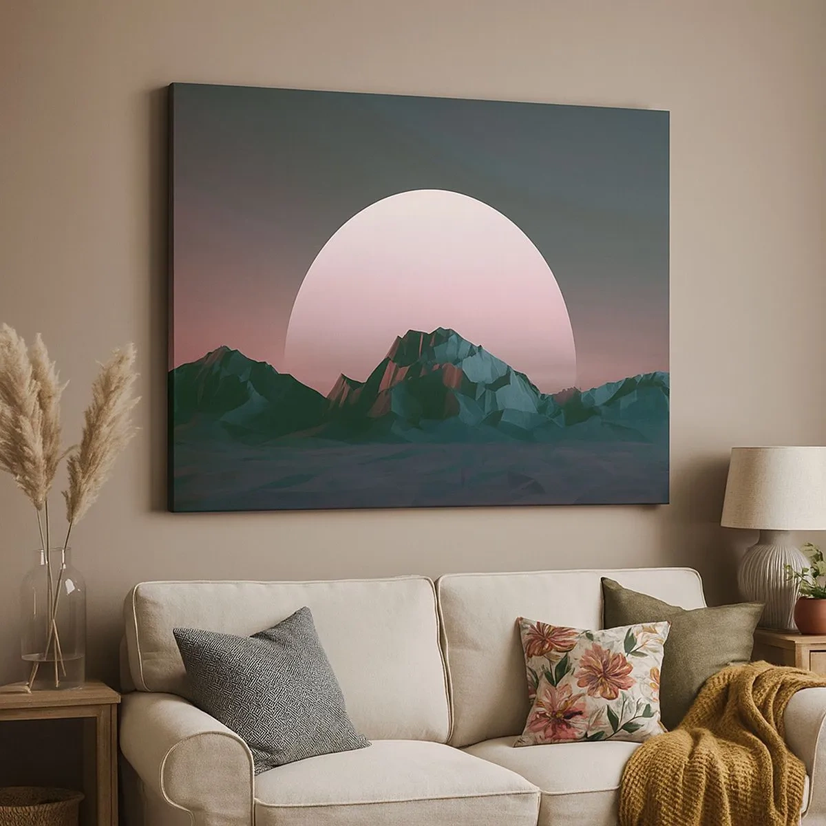 Tablou pe pânză Canvas - Munți geometrici cu soarele apunând în fundal - 70x50cm - Într-o galaxie învecinată - Decorațiune modernă pentru perete pentru living și dormitor ARTTOR